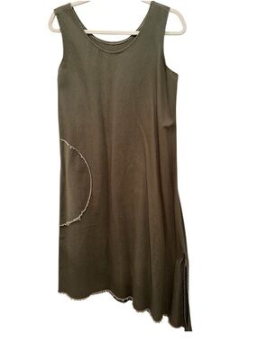 100% Cotton USA Made Sleeveless Olive Asymmetrical Tank Dress Raw Hem Sz S